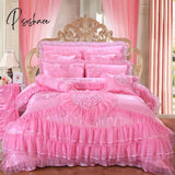 Pisoshare Luxury Princess Wedding Bedding Set King Queen Size Pink Red Lace Jacquard Satin Duvet