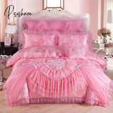 Pisoshare Luxury Princess Wedding Bedding Set King Queen Size Pink Red Lace Jacquard Satin Duvet