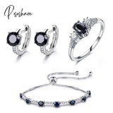 Pisoshare Luxury Silver Plated Natural Black Blue Zircon Ring Earring Bracelet Jewelry Set