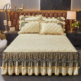 Pisoshare Luxury Super Soft Crystal Velvet Fleece Lace Ruffles Quilted Bed Skirt Mattress Cover