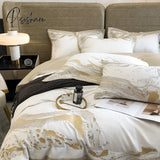 Pisoshare Modern Art Gold Embroidery 100S Egyptian Long-Staple Cotton Luxury Bedding Set Quilt