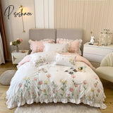 Pisoshare Natural Healthy Skin Washed Cotton Princess Bedding Set Flowers Embroidery Ruffles Duvet