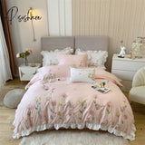 Pisoshare Natural Healthy Skin Washed Cotton Princess Bedding Set Flowers Embroidery Ruffles Duvet