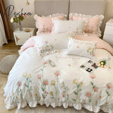 Pisoshare Natural Healthy Skin Washed Cotton Princess Bedding Set Flowers Embroidery Ruffles Duvet