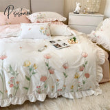 Pisoshare Natural Healthy Skin Washed Cotton Princess Bedding Set Flowers Embroidery Ruffles Duvet