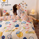 Pisoshare New 3/4Pcs Cute Cartoon Bed Sheet Set Cotton With Pillow Cover Pink Twin Full Queen Size