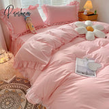 Pisoshare New Korean Princess Style Bedding Set For Girls Solid Color Exquisite Ruffle Lace Pink