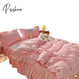 Pisoshare New Korean Princess Style Bedding Set For Girls Solid Color Exquisite Ruffle Lace Pink