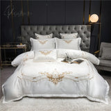 Pisoshare New Luxury White 600Tc Egyptian Cotton Bedding Set Gold Royal Embroidery Duvet Cover