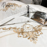 Pisoshare New Luxury White 600Tc Egyptian Cotton Bedding Set Gold Royal Embroidery Duvet Cover