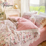 Pisoshare New Sweet Peach Bed Fitted Sheet Set 100% Cotton With Pillow Cover Lace Flat Sheets Ab