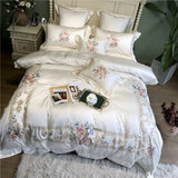 Pisoshare New White Blue Pink Luxury Flowers Embroidery 100S Egyptian Cotton Palace Bedding Set