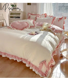 Pisoshare Pink Girl Bedding Set Luxury Princess Ruffle Bow Bed Linen Thicken Warm Washed Cotton