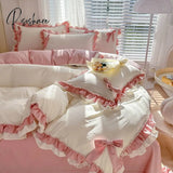 Pisoshare Pink Girl Bedding Set Luxury Princess Ruffle Bow Bed Linen Thicken Warm Washed Cotton Quilt Cover Sheet Pillowcase Decor Bedroom