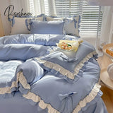 Pisoshare Pink Girl Bedding Set Luxury Princess Ruffle Bow Bed Linen Thicken Warm Washed Cotton