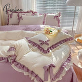 Pisoshare Pink Girl Bedding Set Luxury Princess Ruffle Bow Bed Linen Thicken Warm Washed Cotton