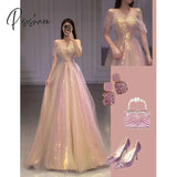 Pisoshare - Pink Glisten Wedding Dress Evening Mermaid One Shoulder Host Light Luxury Party Suit