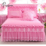 Pisoshare Pink Lace Ruffle Princess Bedding Bed Skirt Pillowcases Solid Color Mattress Cover