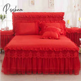 Pisoshare Pink Lace Ruffle Princess Bedding Bed Skirt Pillowcases Solid Color Mattress Cover