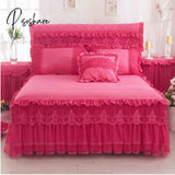 Pisoshare Pink Lace Ruffle Princess Bedding Bed Skirt Pillowcases Solid Color Mattress Cover