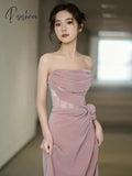 Pisoshare - Pink Strapless Evening Gown Light Luxury Dress Toasting Attire Bride Engagement Host