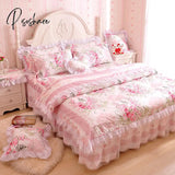 Pisoshare Princess Flower Print Bedding Set Cotton Blue Lace Duvet Cover Bedspread Bedsheet Ruffle