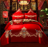 Pisoshare Red Chinese Style Wedding Embroidery Duvet Cover Bed Sheet Set Cotton Solid Princess