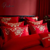 Pisoshare Red Chinese Wedding Embroidery 100% Cotton Bedding Set Luxury Duvet/Quilt Cover Bed Sheet