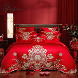 Pisoshare Red Chinese Wedding Embroidery 100% Cotton Bedding Set Luxury Duvet/Quilt Cover Bed Sheet