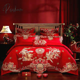 Pisoshare Red Chinese Wedding Embroidery 100% Cotton Bedding Set Luxury Duvet/Quilt Cover Bed Sheet