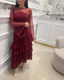 Pisoshare - Red Sequin Satin Ruffled Prom Dress Wedding Evening Party Gown With Long Sleeves