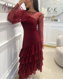 Pisoshare - Red Sequin Satin Ruffled Prom Dress Wedding Evening Party Gown With Long Sleeves
