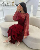 Pisoshare - Red Sequin Satin Ruffled Prom Dress Wedding Evening Party Gown With Long Sleeves