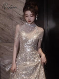 Pisoshare - Sequin Evening Dress Glisten Light Luxury Banquet Host Gown Bridesmaid Bride Glitter