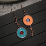 Pisoshare Simple Asymmetric Ancient Bronze Metal Painting Drop Earrings For Women Ethnic Red Blue