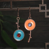 Pisoshare Simple Asymmetric Ancient Bronze Metal Painting Drop Earrings For Women Ethnic Red Blue