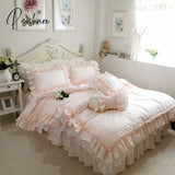 Pisoshare Super Sweet Solid Color Bedding Sets Luxury Princess Wedding Pink Lace Ruffle Cotton