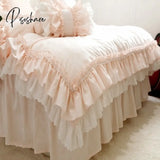 Pisoshare Super Sweet Solid Color Bedding Sets Luxury Princess Wedding Pink Lace Ruffle Cotton