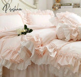 Pisoshare Super Sweet Solid Color Bedding Sets Luxury Princess Wedding Pink Lace Ruffle Cotton