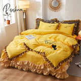 Pisoshare Top Luxury Bedding Set Queen Cake Layers Ruffle Lace Cotton Bed Linens Duvet Cover Skirt