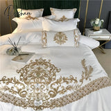 Pisoshare White Luxury European Royal Gold Embroidery 60S Satin And Cotton Bedding Set Duvet Cover