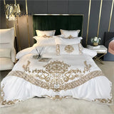 Pisoshare White Luxury European Royal Gold Embroidery 60S Satin And Cotton Bedding Set Duvet Cover