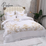 Pisoshare White Princess Wedding Bedding Set Luxury Egyptian Cotton Gold Embroidery Double Duvet