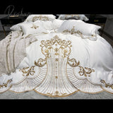 Pisoshare White Soft Satin Cotton Gold Embroidery European Palace Bedding Set Double Duvet Cover