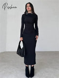 Pleated Long Sleeved Slim Maxi Dress Women Solid Fashion Elegant Party Gown Off-Shoulder High Waist