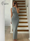 Pleated Long Sleeved Slim Maxi Dress Women Solid Fashion Elegant Party Gown Off-Shoulder High Waist