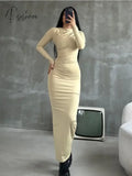 Pleated Long Sleeved Slim Maxi Dress Women Solid Fashion Elegant Party Gown Off-Shoulder High Waist
