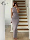 Pleated Long Sleeved Slim Maxi Dress Women Solid Fashion Elegant Party Gown Off-Shoulder High Waist