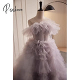 Purple Gray Strapless Prom Dresses Long Tiered Puffy Fairy Princess Lavender Woman Evening Party