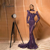 Purple Sexy Backless Evening Dresses Long Sleeves Party Gowns Beaded Mermaid Prom Dress See Through Illusion Floor Length Robe